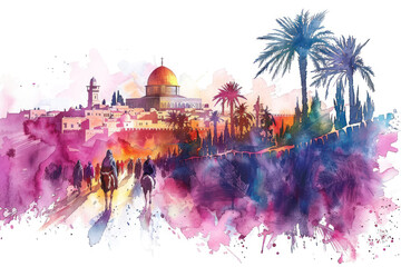 Pink watercolor of Jesus riding a donkey to Jerusalem, palm sunday