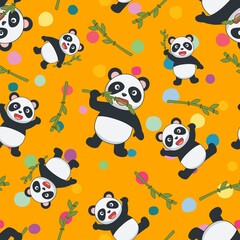 Cute Panda seamless pattern with orange color background for kids