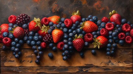 Strawberry, blueberry, raspberry, blackberry on wood background