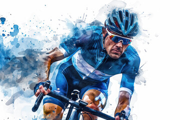 Blue watercolor painting of professional cyclist in road bike race