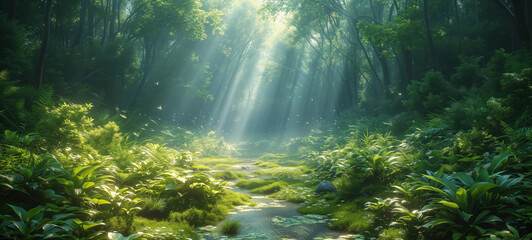Ethereal light rays over stream in lush forest