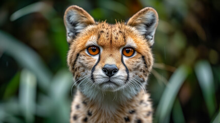 Obraz premium Intense gaze of a cheetah in a verdant jungle setting
