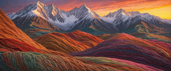 Textured Yarn Landscape of Sunset over mountains with abstract colors