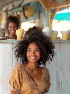 Young Afro woman with afro-style hair, named Sara, smiling, at a wooden beach bar serving ice cream on a summer day