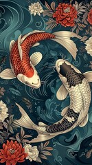 Two koi yin yang fish portrayed on a blue background with flowers in the style of dark crimson and dark beige, playful repetitions, luxurious fabrics created with Generative AI Technology