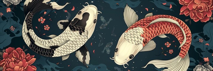 Two koi yin yang fish portrayed on a blue background with flowers in the style of dark crimson and dark beige, playful repetitions, luxurious fabrics created with Generative AI Technology - obrazy, fototapety, plakaty