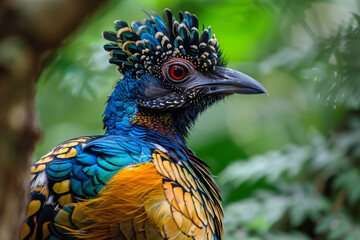 Obraz premium A bird with a blue head and orange body is perched on a tree branch