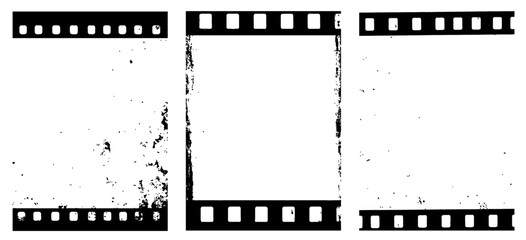 Set of 3 transparent vector grunge abstract movie film strip dirty poster background textures with dust overlay. Place artwork over any image to make distressed effect