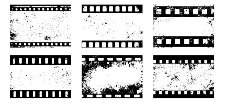 Set of 6 transparent vector grunge abstract movie film strip dirty poster background textures with dust overlay. Place artwork over any image to make distressed effect