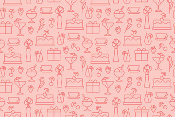 mother's day, love seamless pattern with present, flowers, cake, icecream, fruits, cocktail icons; use for greeting cards, gift wrap, digital invitations or social media graphics- vector illustration