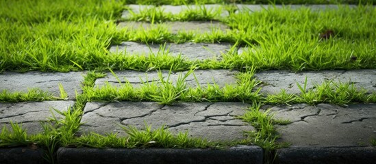 A stone walkway covered with lush green grass creeping through the cracks, showcasing natures resilience and the merging of man-made structures with the environment.