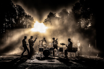 A group of musicians playing instruments in a forest - obrazy, fototapety, plakaty
