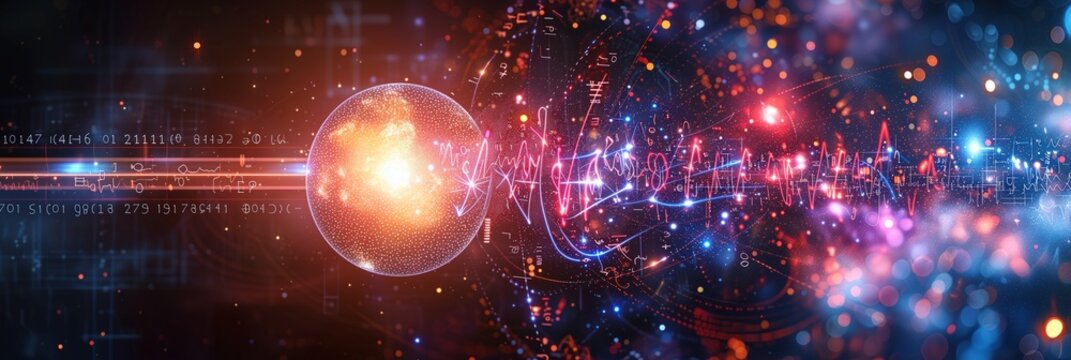 Banner Abstract Math Symbols In Outer Space With Glowing Ball In Center With Space For Text In Dark Colors
