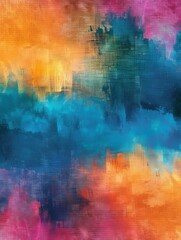 An abstract painting featuring vibrant blue, yellow, and pink colors intermingling in dynamic patterns on a canvas