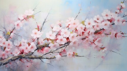 Pink cherry blooming flowers branch and flying butterfly in painting oil style.