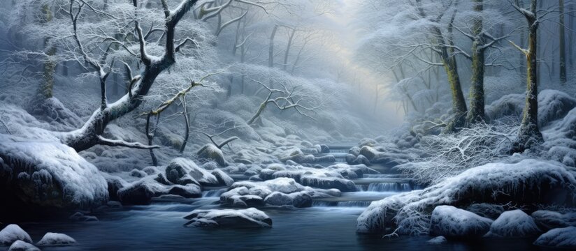 A painting showcasing a stream flowing through a snowy forest. Majestic trees stand strong amidst a snowstorm in the heart of natures winter wonderland.