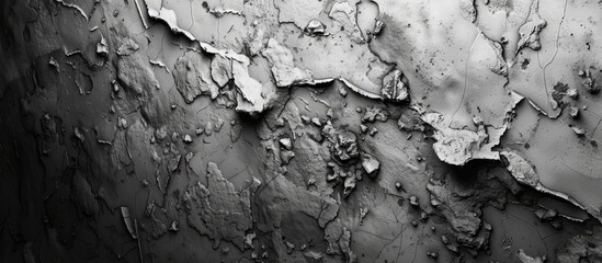 A black and white photo showing the peeling paint on a concrete wall, revealing layers of texture and history. The paint is cracked and chipped, adding character to the worn surface. - obrazy, fototapety, plakaty