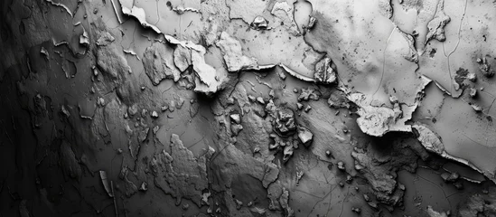 Fotobehang A black and white photo showing the peeling paint on a concrete wall, revealing layers of texture and history. The paint is cracked and chipped, adding character to the worn surface. © pngking