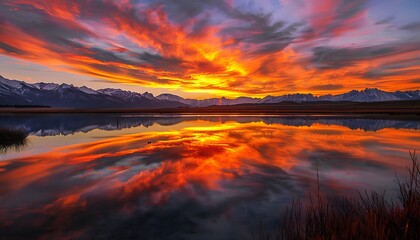 Vibrant Sunset Over Mountain Lake With Snow-capped Peaks And Colorful Sky Reflecting in Water