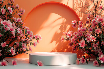 Fototapeta na wymiar Abstract background in a minimalistic style with a podium in orange colors. Empty pedestal for product display with white flowers 