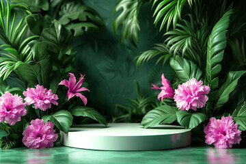 Fototapeta na wymiar Abstract background in a minimalistic style with a podium in green colors. Empty pedestal for product display with pink flowers 