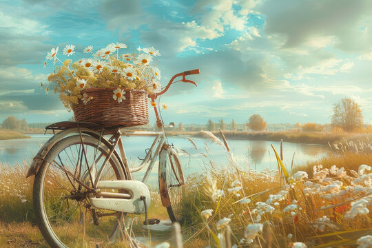 A bicycle with a basket full of flowers is parked by a lake