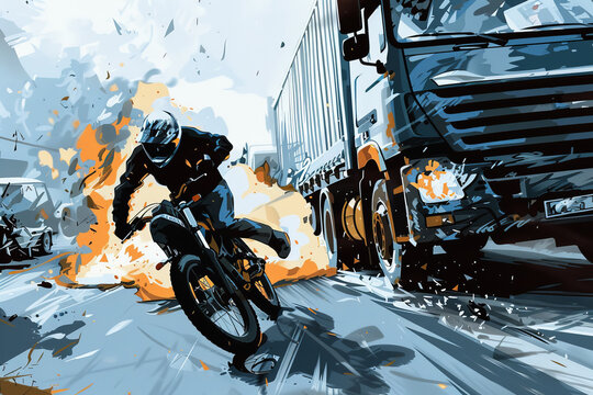 A man on a motorcycle is racing down a road with a truck behind him