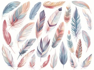 Collection of various vibrant feathers spread out on a clean white surface