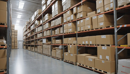 Warehouse with a multitude of boxes and packages for delivery of product purchases