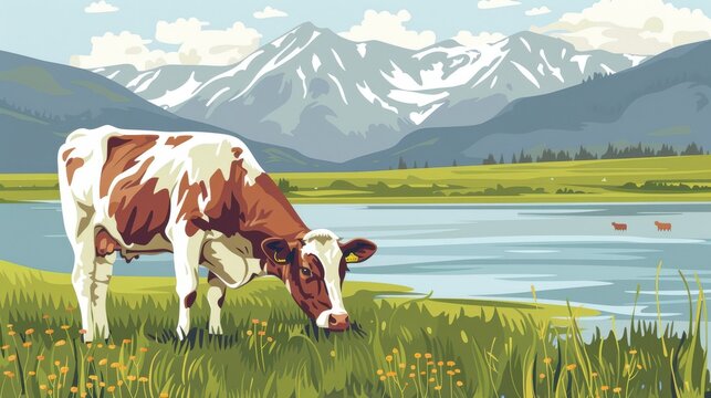 Clear Cartoon Illustration art style of a cow grazing in a field with mountains and river background created with Generative AI Technology