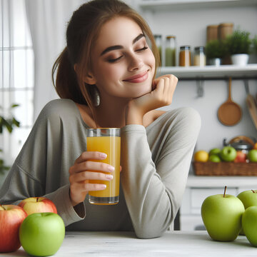woman drinks apple juice at white kitchen