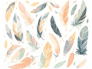 A collection of various colored feathers spread out on a white surface