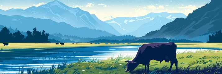 Fotobehang Clear Cartoon Illustration art style of a cow grazing in a field with mountains and river background created with Generative AI Technology © Animals Creator