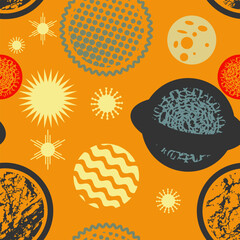 Seamless pattern with stylized planets and stars. Retro palette. Yellow background. Vector illustration