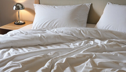 Messy bed in the morning with white sheets and pillows