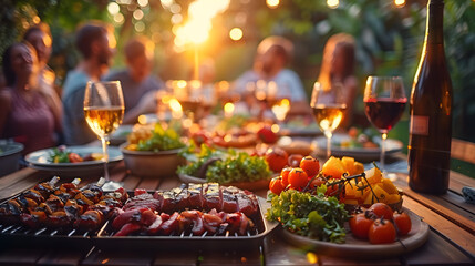 Backyard dinner table have a tasty grilled BBQ meat, Salads and wine with happy joyful people on background.