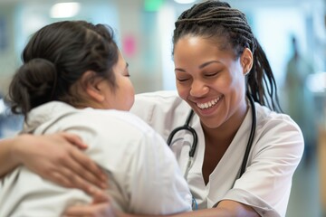 Empathy in Action on Health Day: Warm-hearted Nurse Offering Comfort and Support to a Patient, Set Against the Calm Background of a Hospitals Healing Environment. - obrazy, fototapety, plakaty