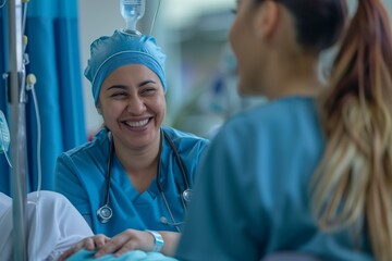 Empathy in Action on Health Day: Warm-hearted Nurse Offering Comfort and Support to a Patient, Set Against the Calm Background of a Hospitals Healing Environment.
