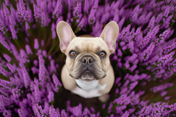 Fototapeta premium A brown french buldog is standing in a field of purple flowers