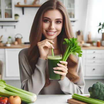 woman drinks celery juice at white kitchen