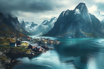 Scenic fishing village by water, surrounded by snowy mountains under cloudy sky in Norway