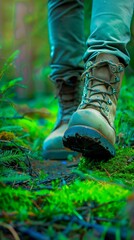 Exploring Wilderness: Vibrant Walking Boots on a Verdant Trail