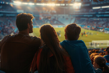 A family of four sits in the stands of a stadium watching a soccer game