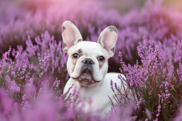 A brown french buldog is standing in a field of purple flowers