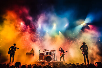A band of three musicians playing instruments in front of a colorful smoke backdrop. - obrazy, fototapety, plakaty