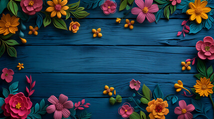 Wooden crafted flowers on plank background.  - 768255090