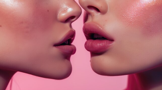 Two girls kiss each other, with shining lips, clear and beautiful skin