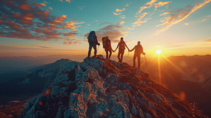 Team building, a group of people makes an ascent to the top of a mountain, teamwork - obrazy, fototapety, plakaty