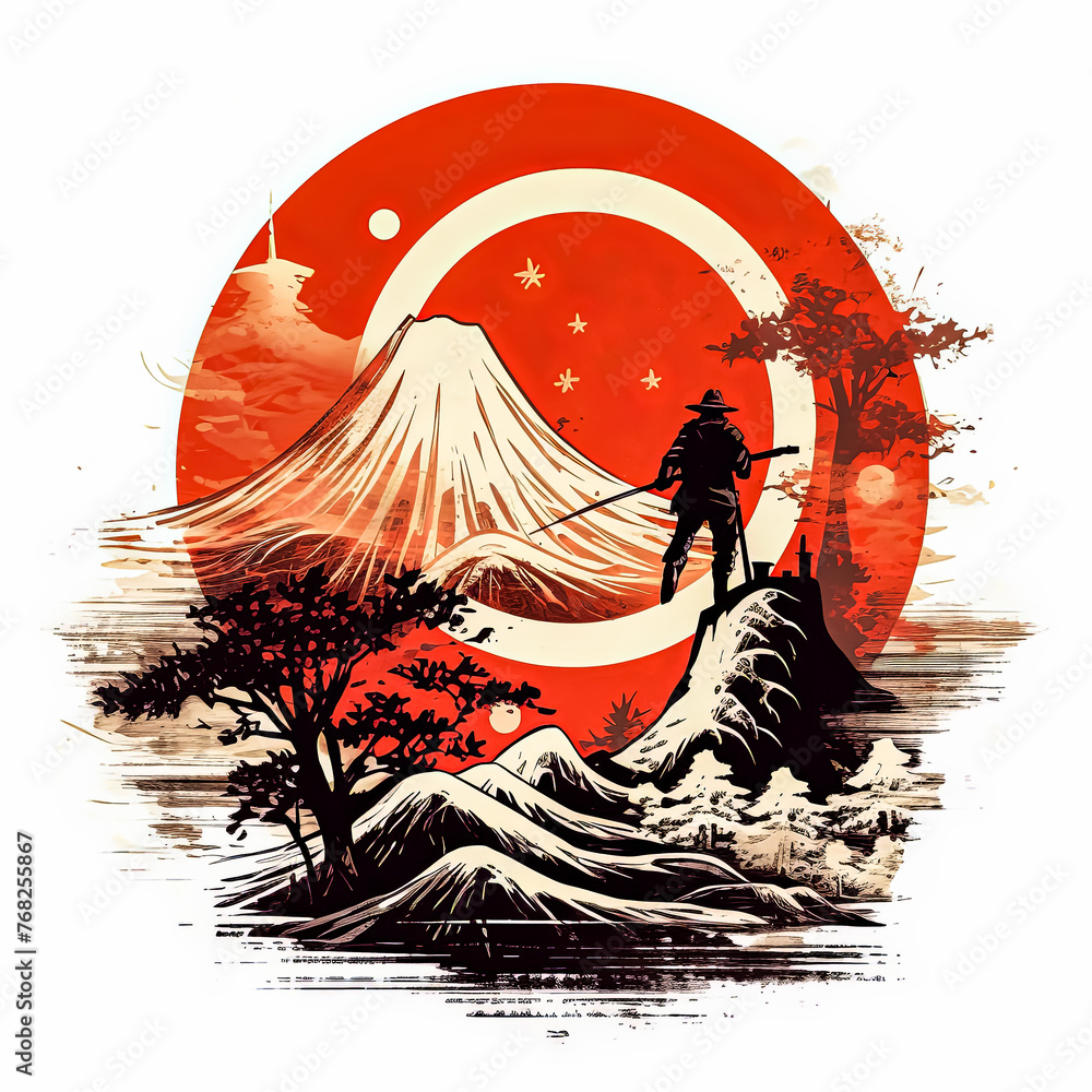 Poster a man in black is holding a sword and standing in front of a red circle.