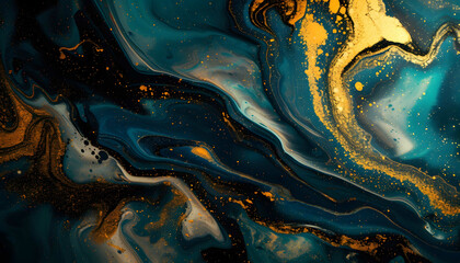 Black marble background with swirls of gold and blue, in the style of luxury backgrounds - obrazy, fototapety, plakaty